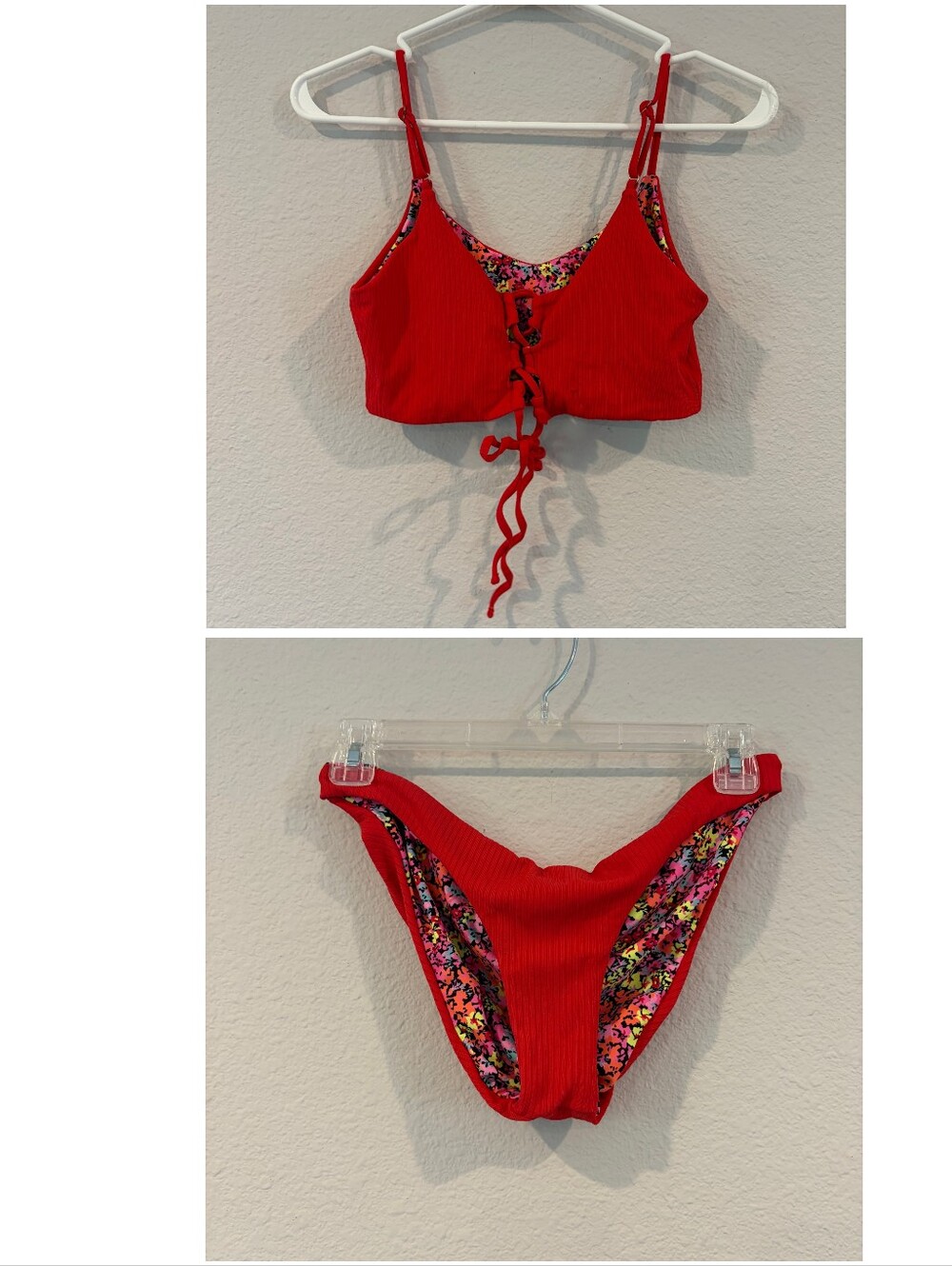 Maaji Swimwear Womens Red Ribbed Floral Reversible 2 Piece Bikini Swimsuit Large